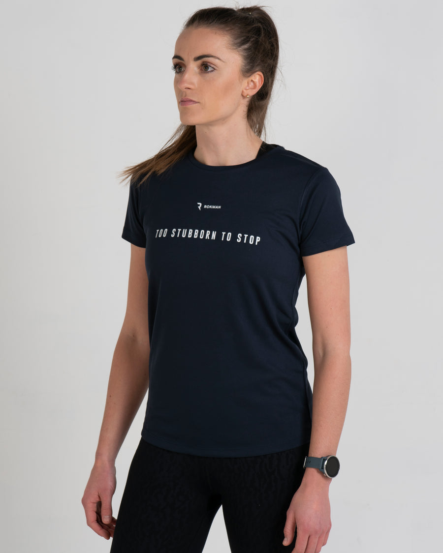 Mantra T-Shirt Women's Navy "Too Stubborn to Stop"